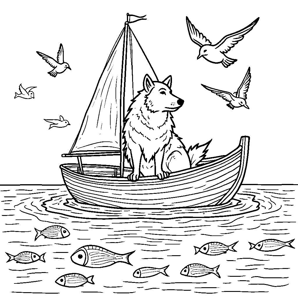 A wolf in a boat