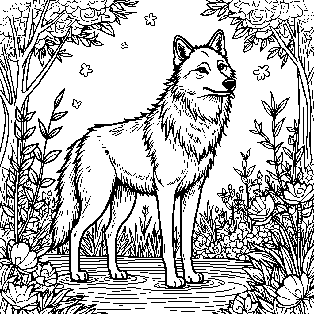 A wolf in a garden