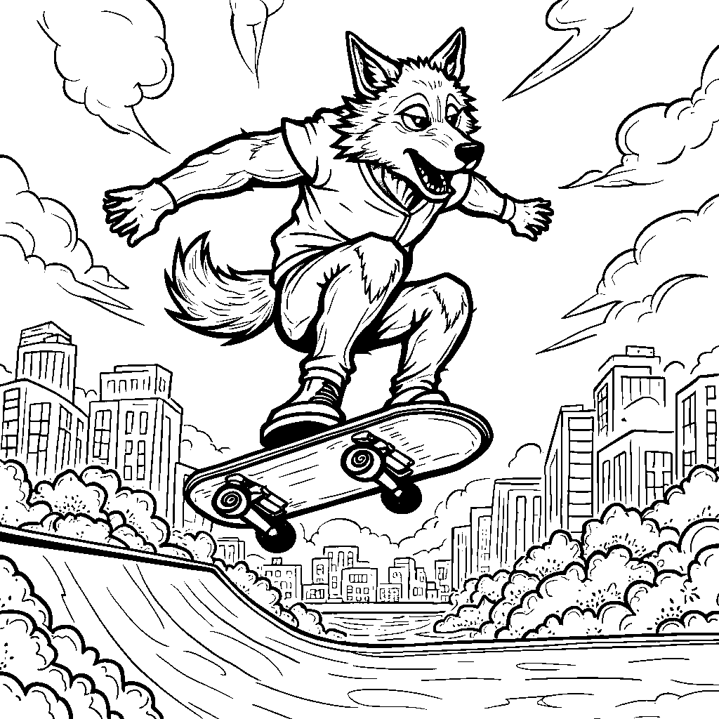 A wolf riding a skateboard