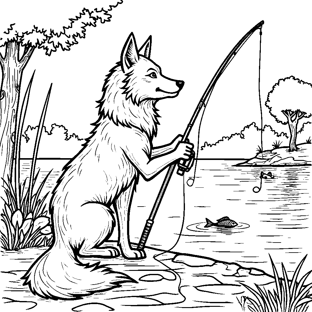 A wolf with a fishing rod