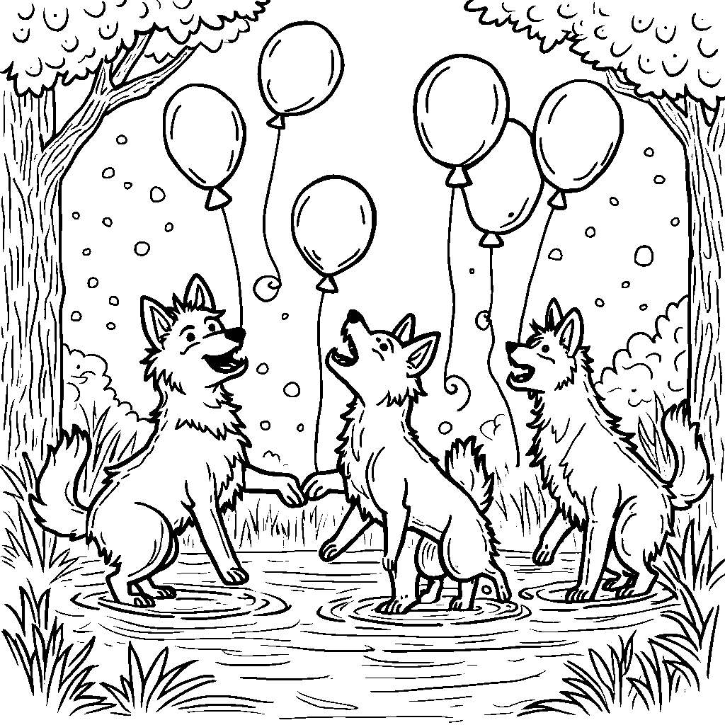 Wolves having a water balloon fight