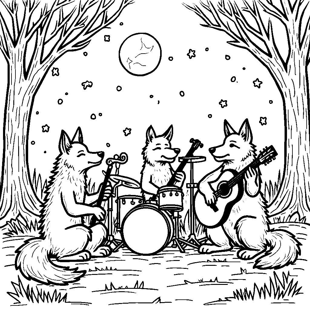 Wolves playing musical instruments