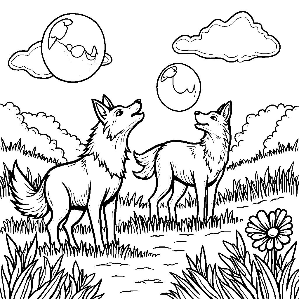 Wolves playing with bubbles