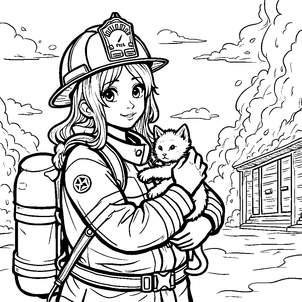 Female Firefighter Saving a Kitten