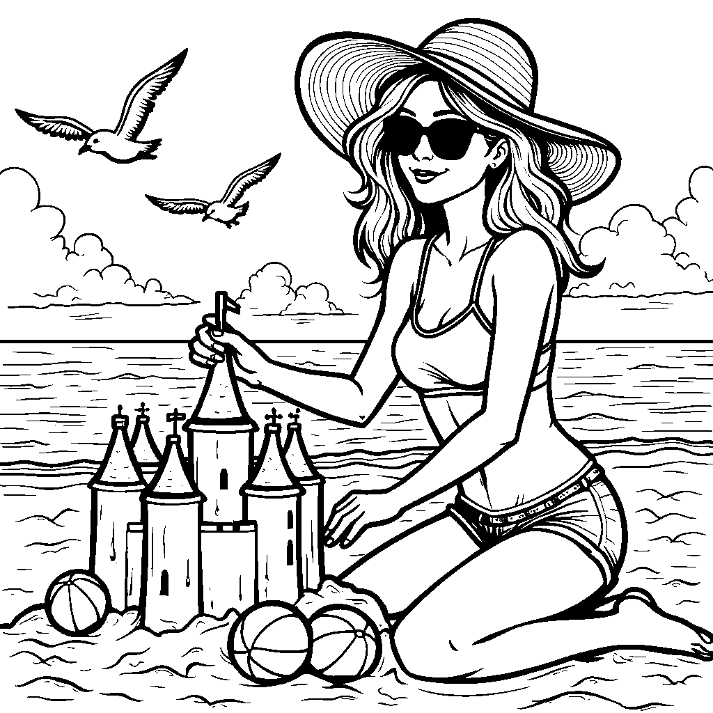 Woman Building a Sandcastle on the Beach