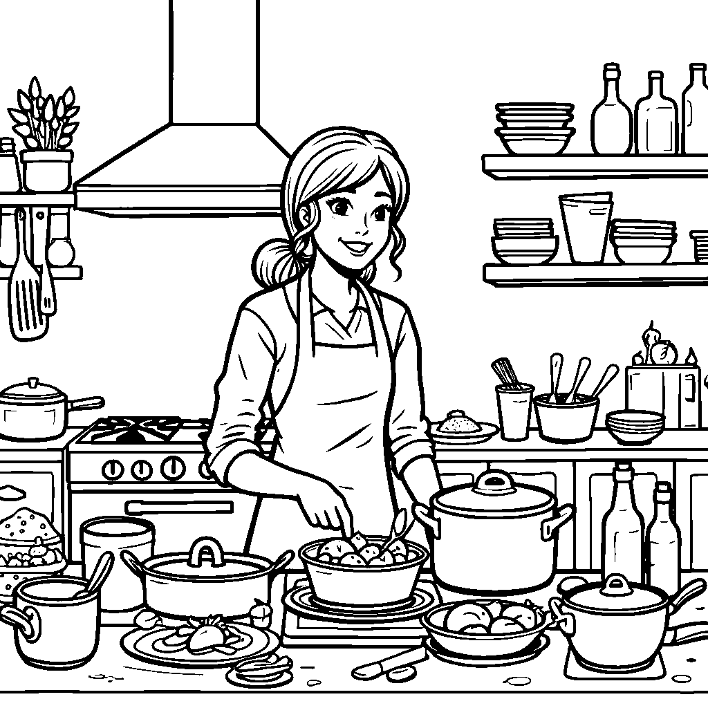 Woman Cooking in a Busy Kitchen