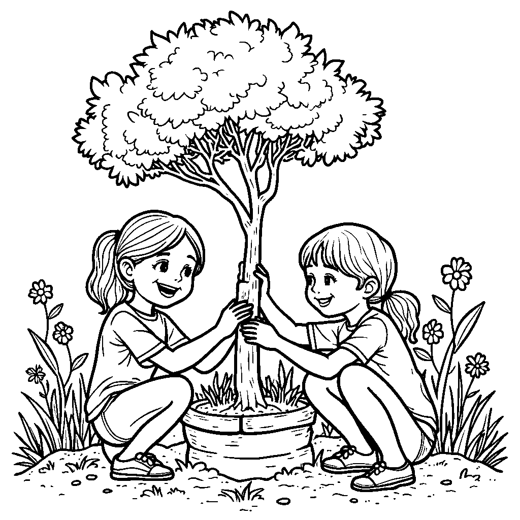 Woman Planting a Tree with Kids