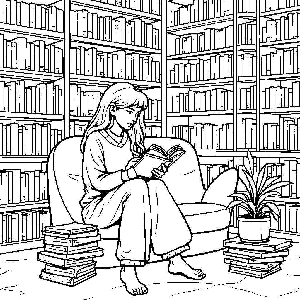 Woman Reading a Book in a Library