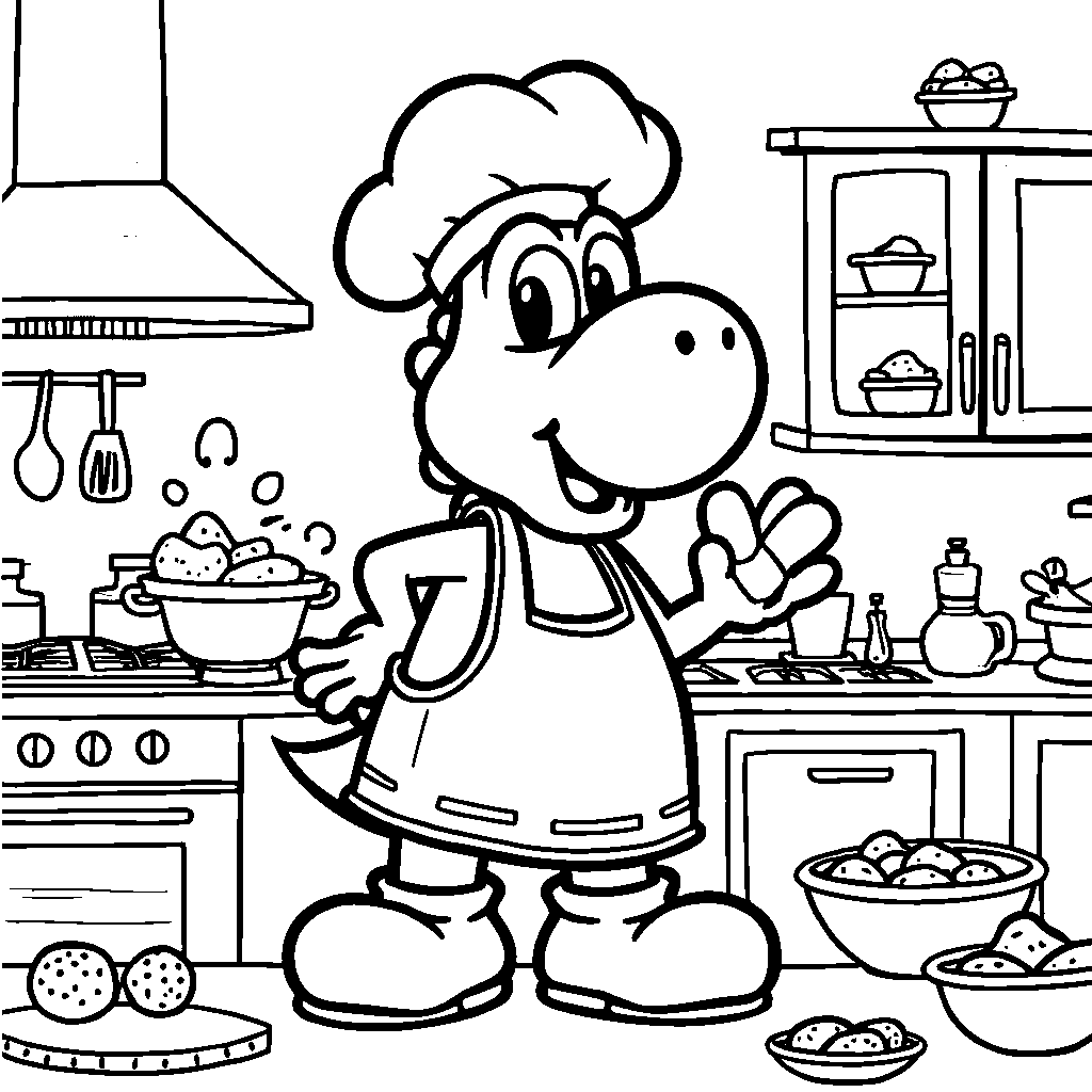 Yoshi as a chef, cooking up a storm in a colorful kitchen