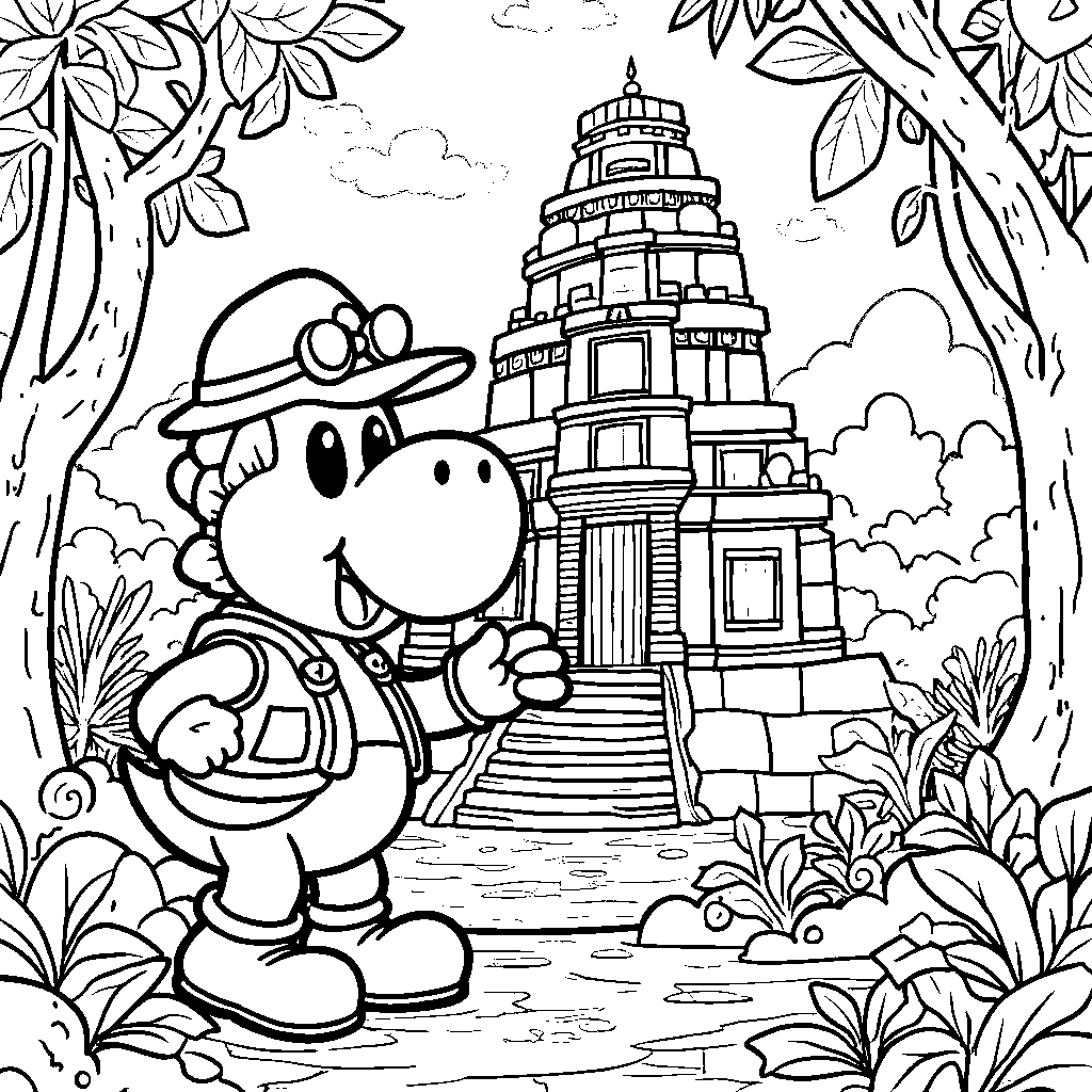 Yoshi as a explorer, discovering hidden treasures in the jungle