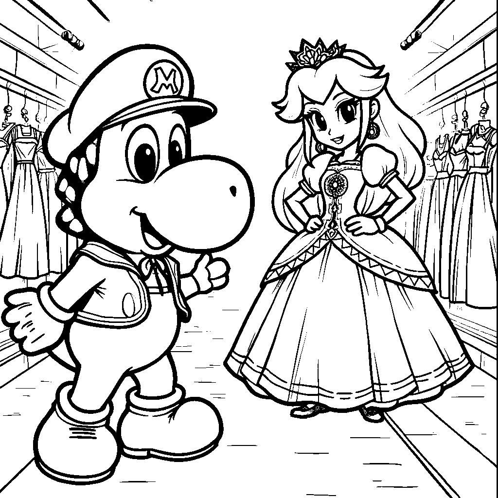 Yoshi as a fashion designer, creating colorful outfits for Princess Peach