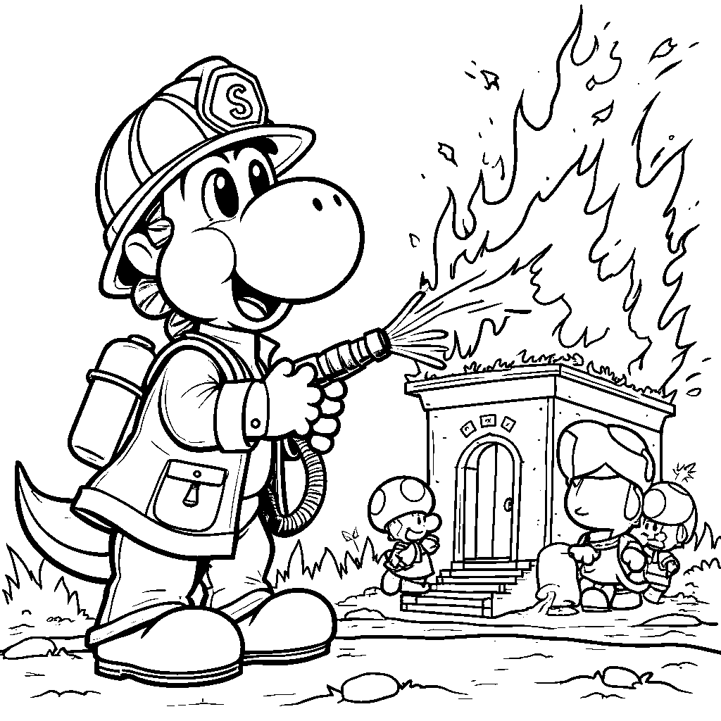 Yoshi as a firefighter, putting out fires in the Mushroom Kingdom