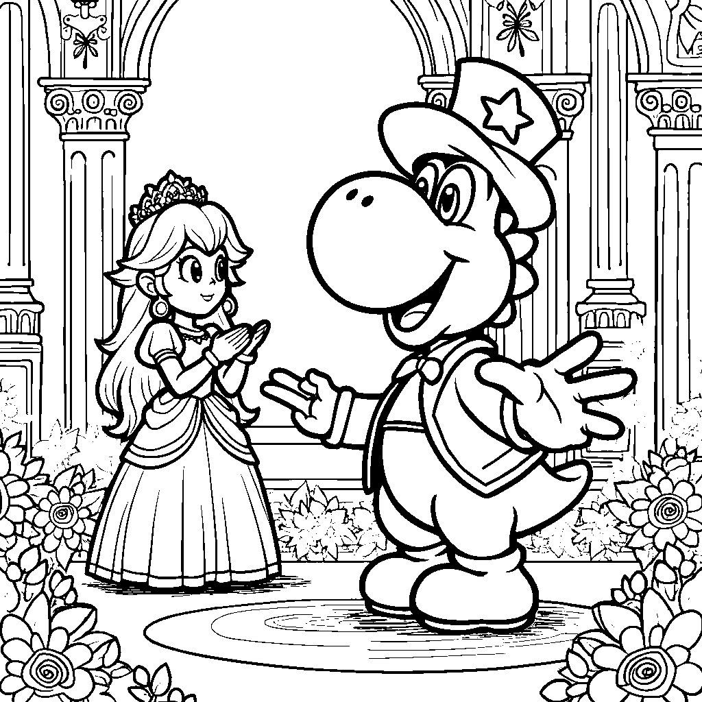 Yoshi as a magician, performing magic tricks for Princess Peach