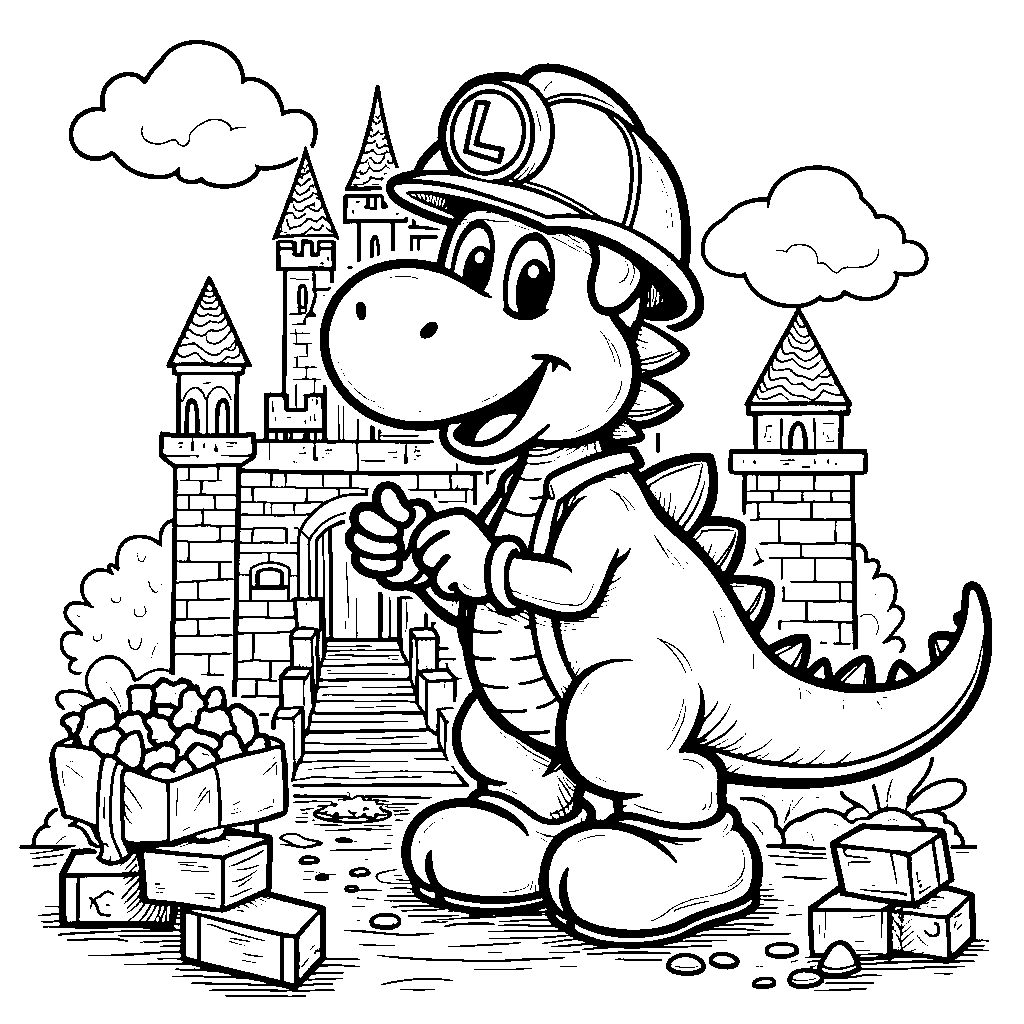 Yoshi as a master builder, constructing a colorful castle