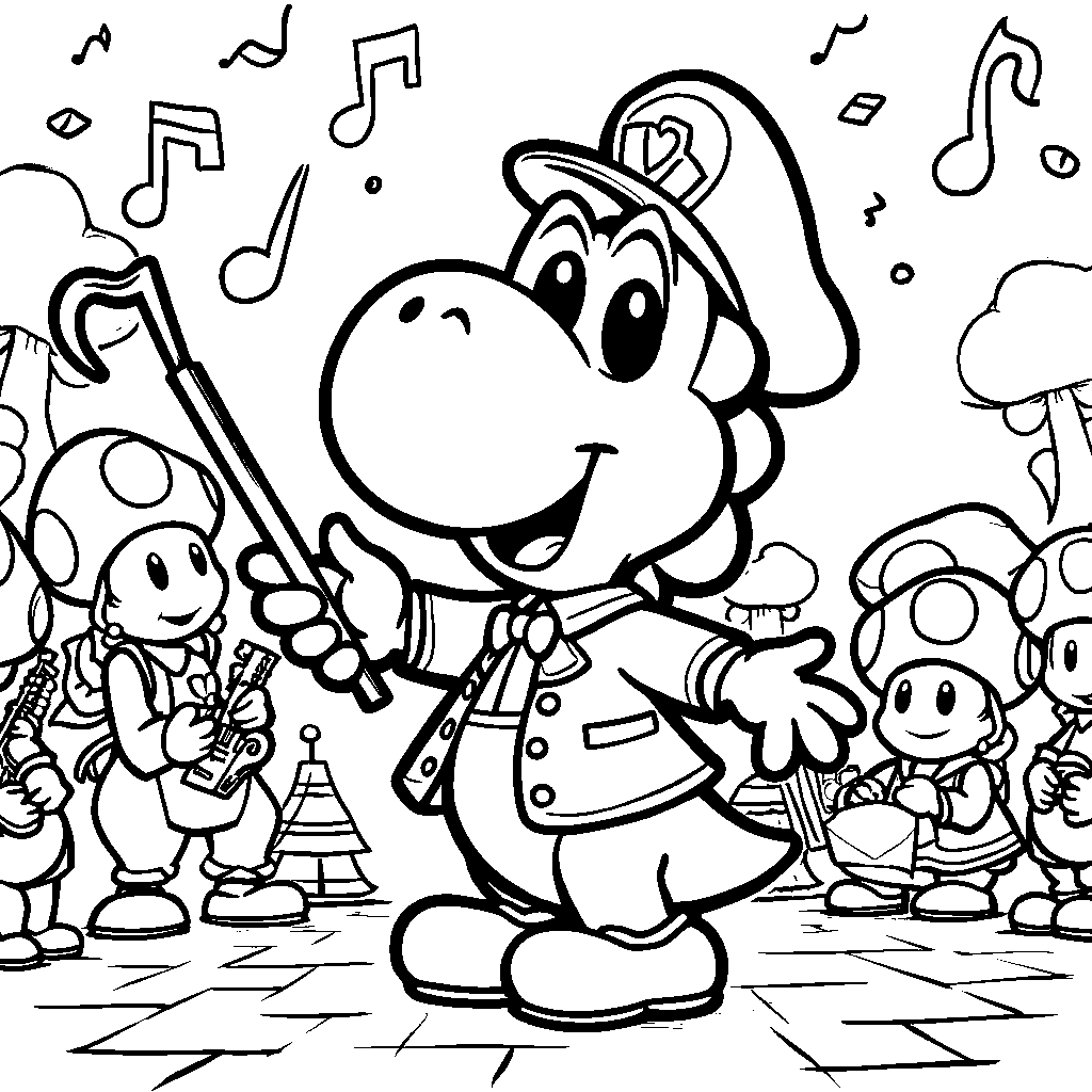 Yoshi as a musician, conducting an orchestra of Toads