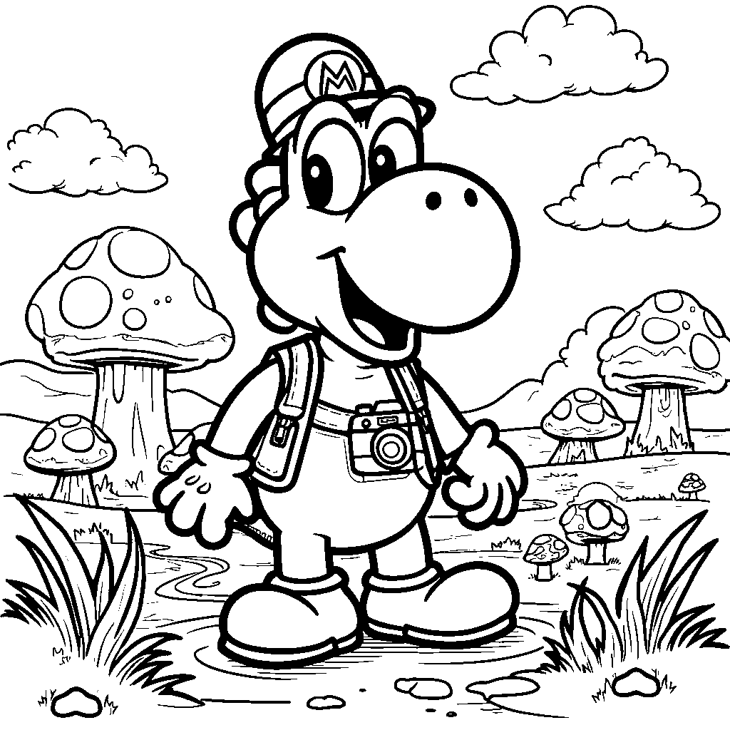 Yoshi as a photographer, taking pictures of the Mushroom Kingdom