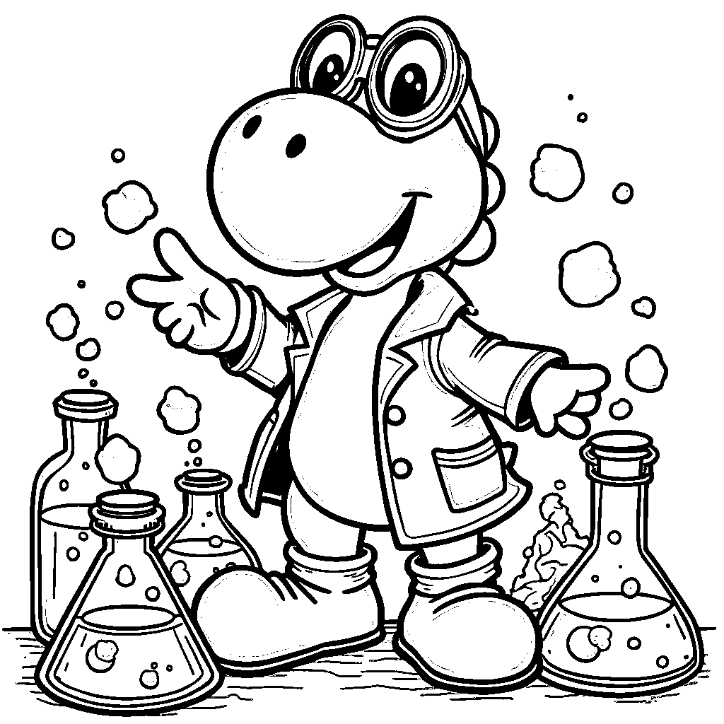 Yoshi as a scientist, mixing colorful potions in a laboratory