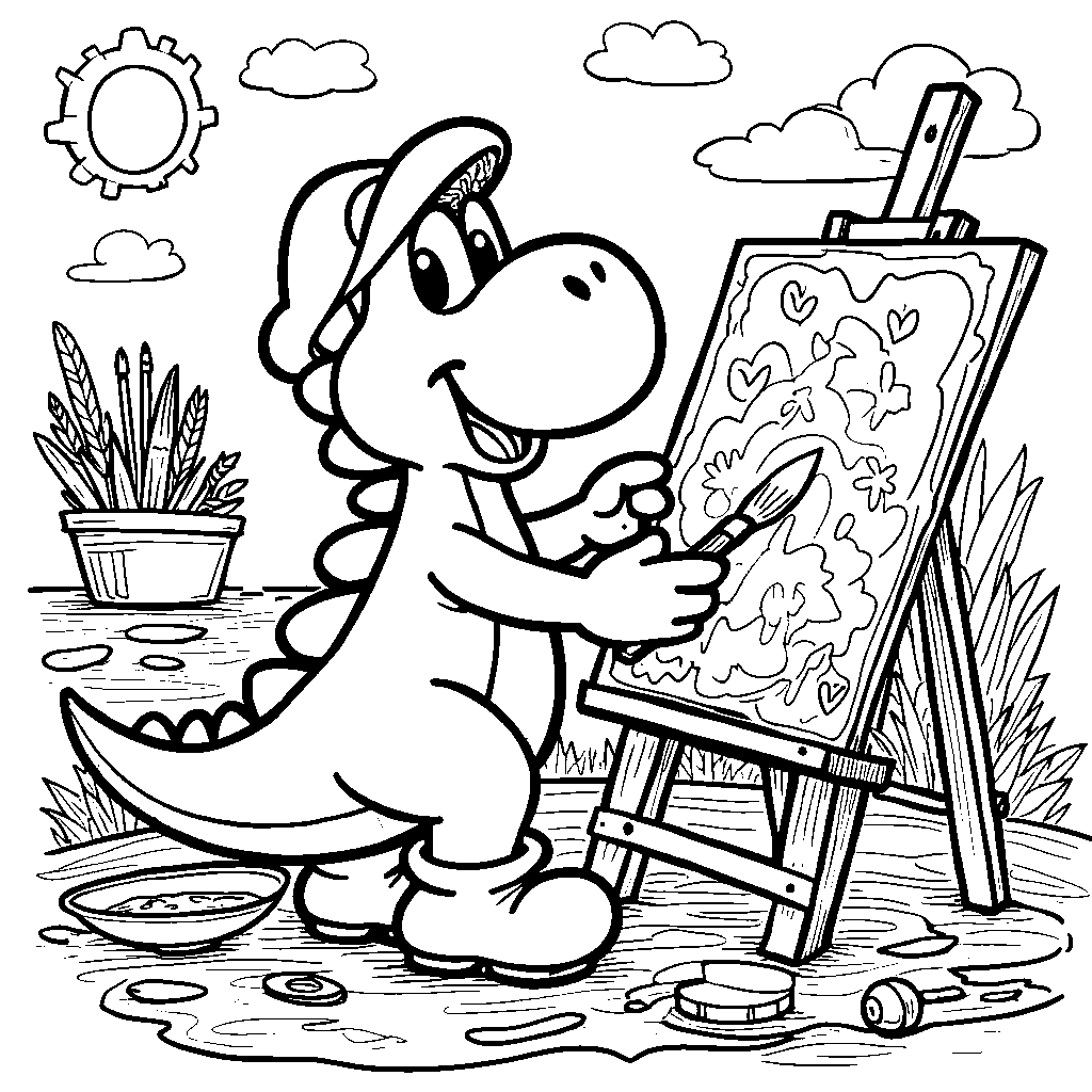 Yoshi as an artist, painting a masterpiece in a colorful studio