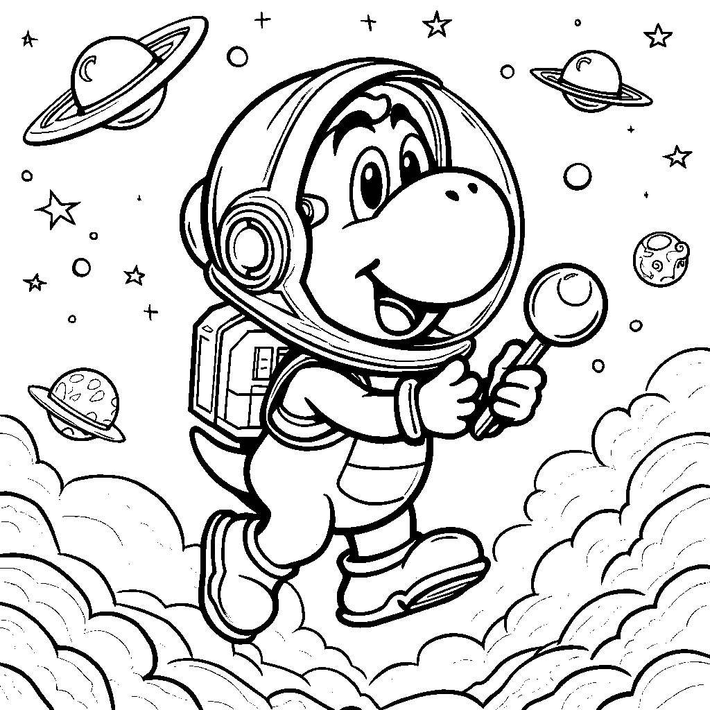 Yoshi as a astronaut, exploring the galaxy in a spaceship