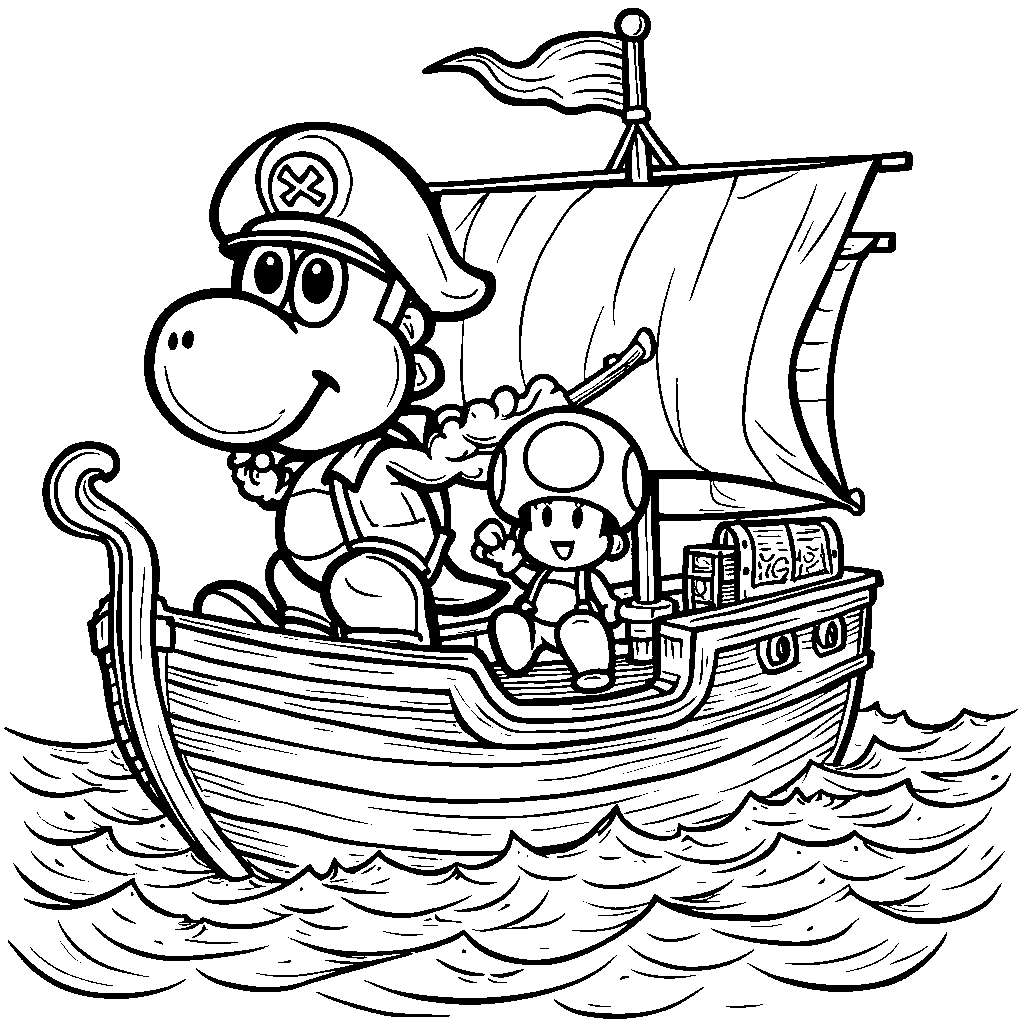 Yoshi dressed as a pirate, sailing the seven seas with Toad as first mate