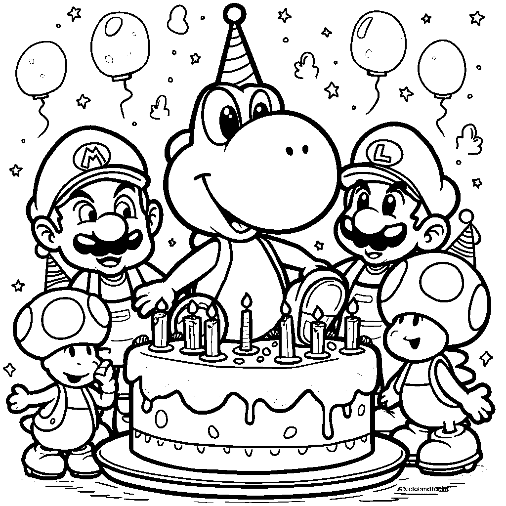 Yoshi having a birthday party with Mario, Luigi, and Toad