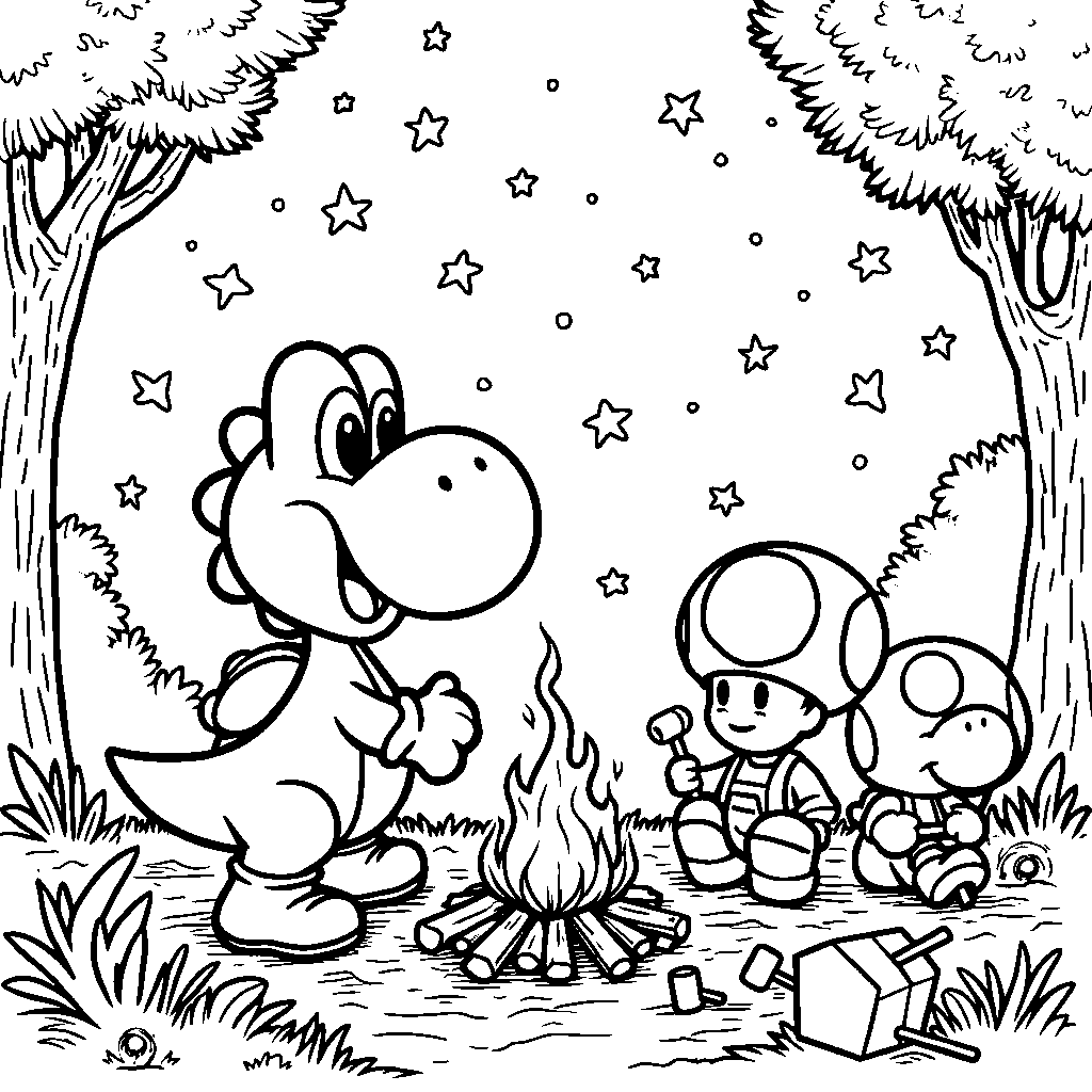 Yoshi having a campfire adventure with Toad and Yoshi's friends