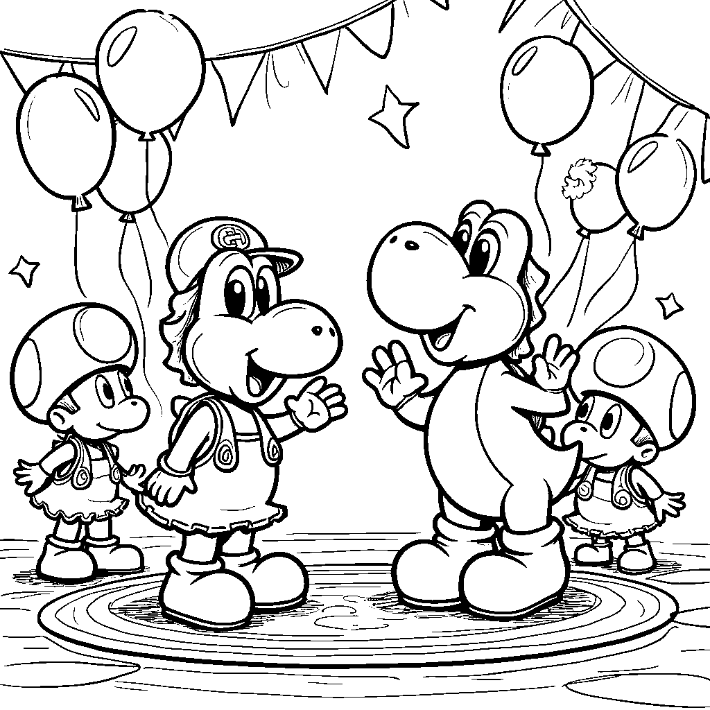 Yoshi having a dance party with Toad and Yoshi's friends