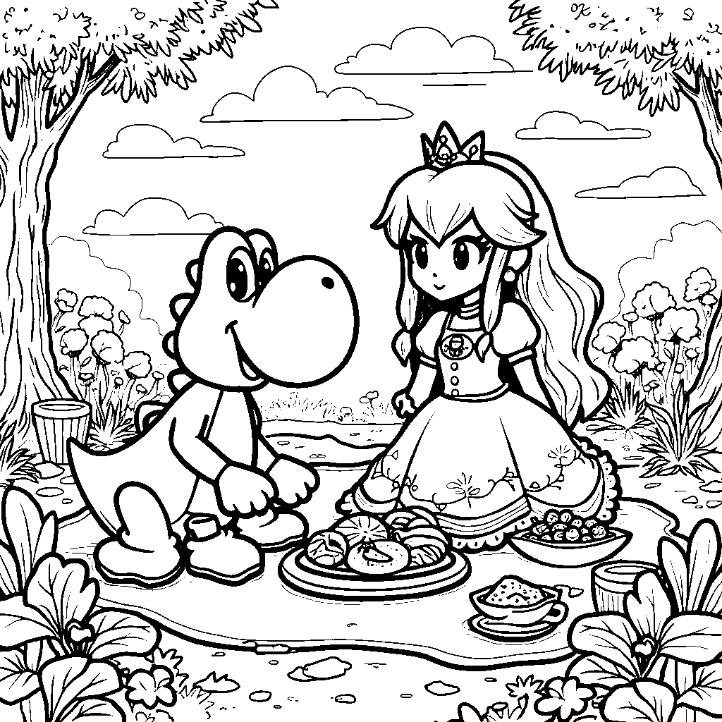 Yoshi having a picnic with Princess Peach in a beautiful garden