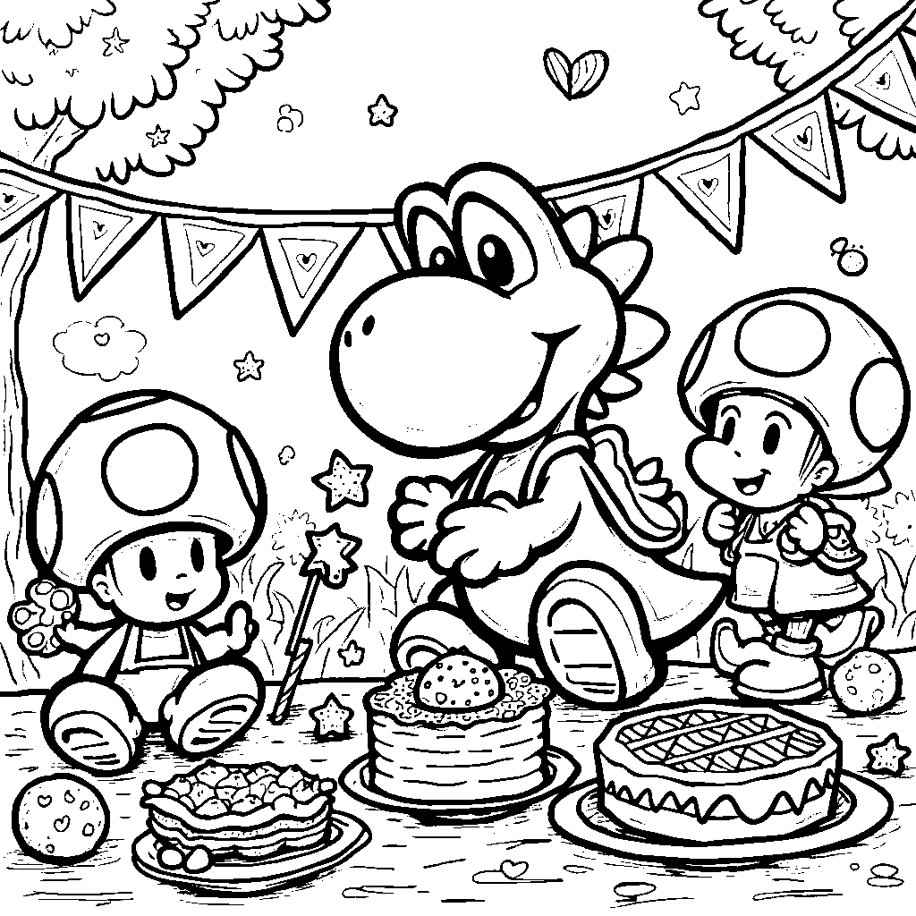 Yoshi having a snack party with Toad and Yoshi's friends