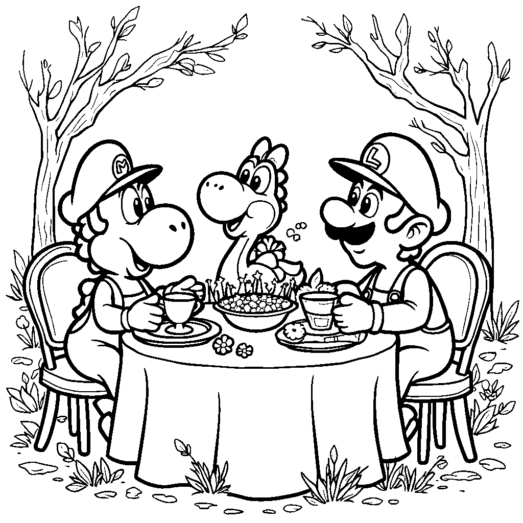 Yoshi having a tea party with Baby Mario and Luigi