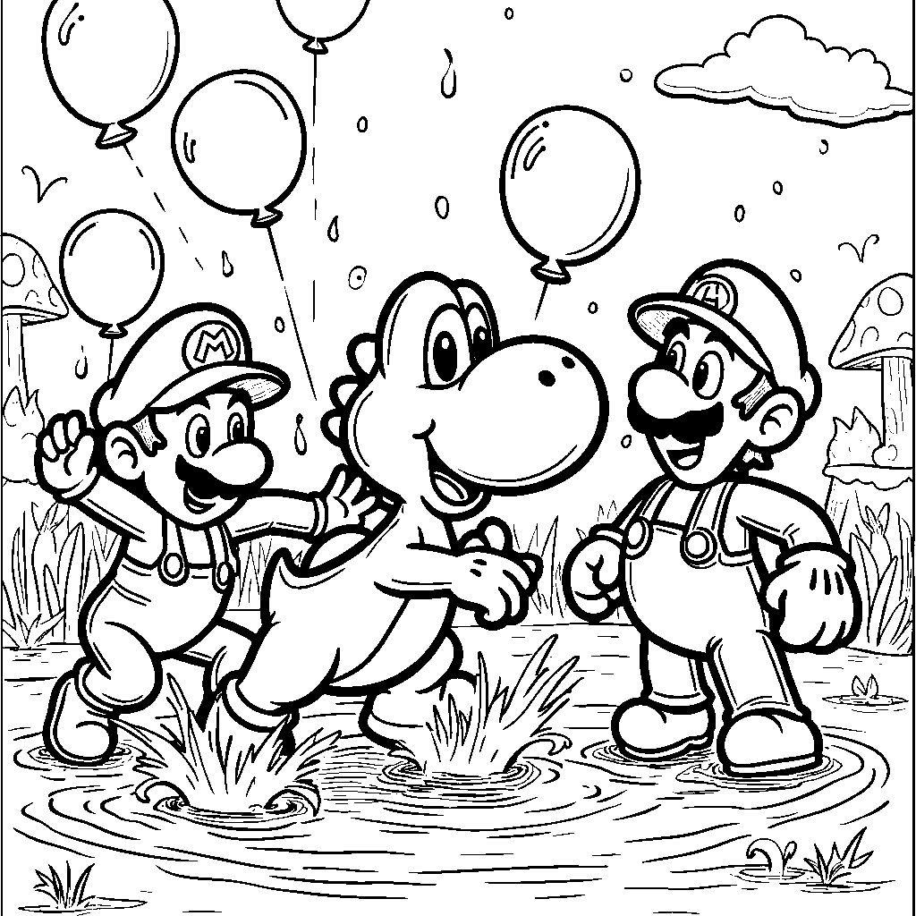 Yoshi having a water balloon fight with Mario and Luigi