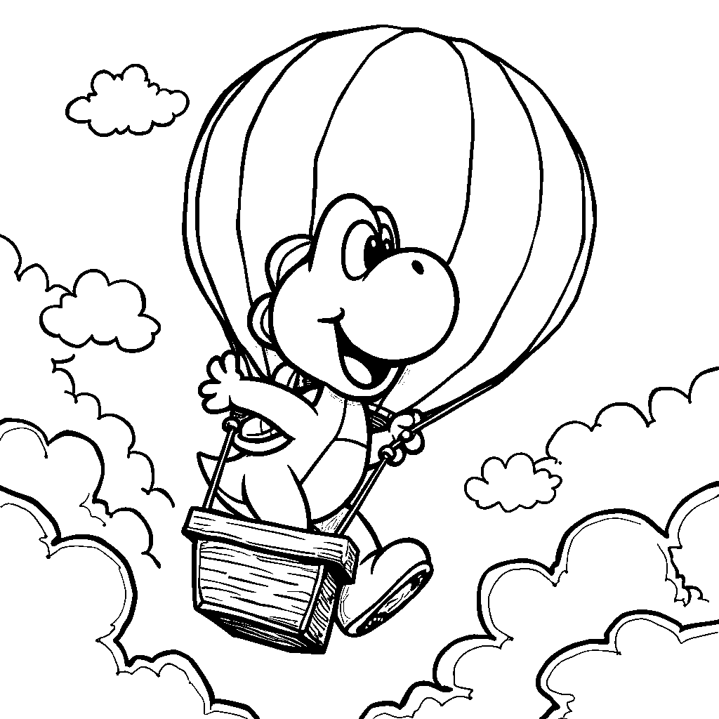 Yoshi in a hot air balloon, soaring above the clouds