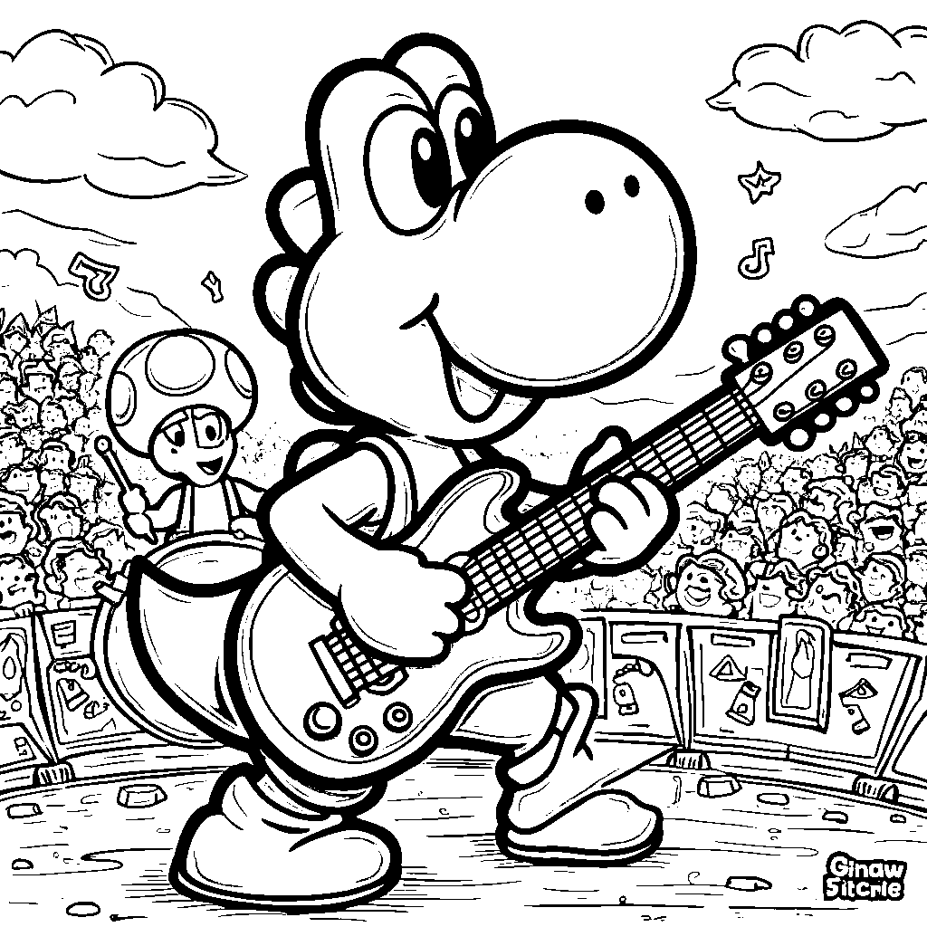 Yoshi playing a guitar in a rock band with Toad on drums