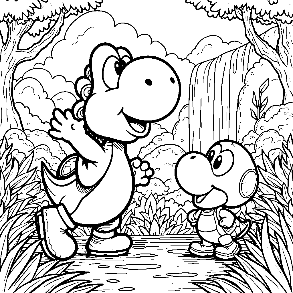 Yoshi playing hide-and-seek with Toad in a colorful jungle