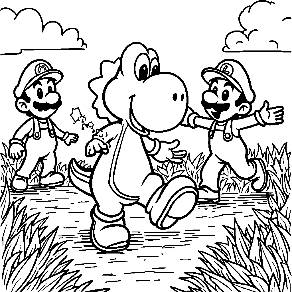 Yoshi playing soccer with Luigi and Mario in a sunny meadow