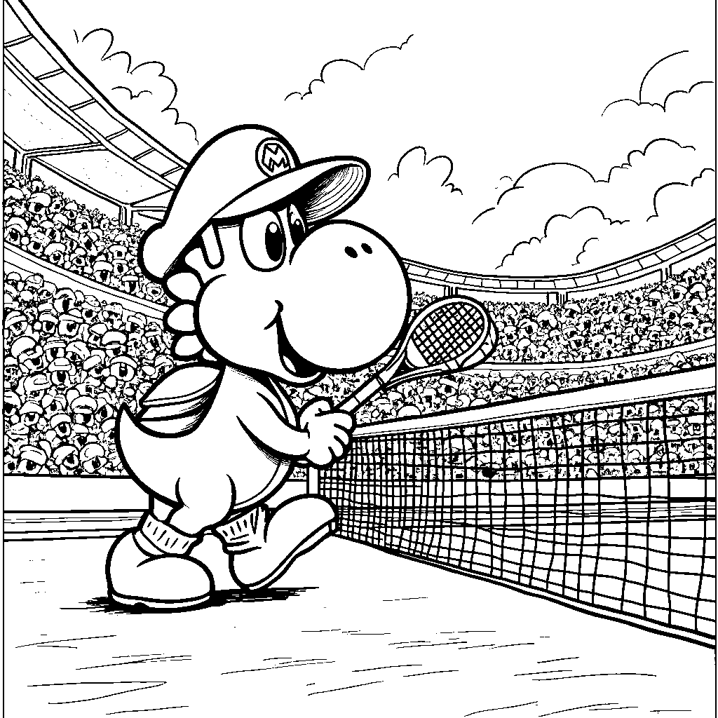 Yoshi playing tennis with Mario and Luigi in a sunny stadium