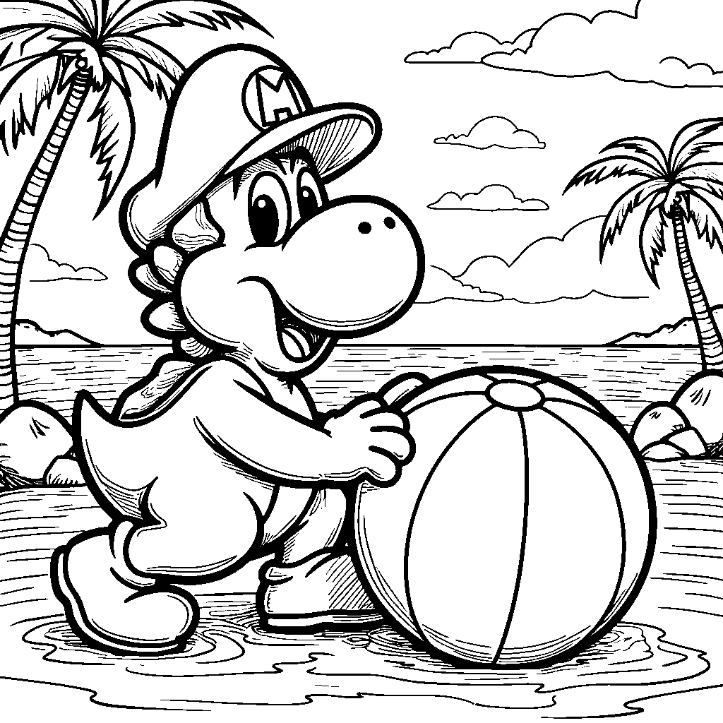 Yoshi playing with a giant beach ball on a sunny beach