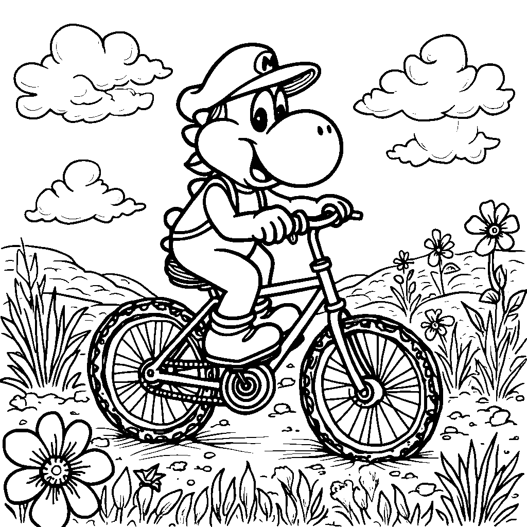 Yoshi riding a bicycle through a field of flowers