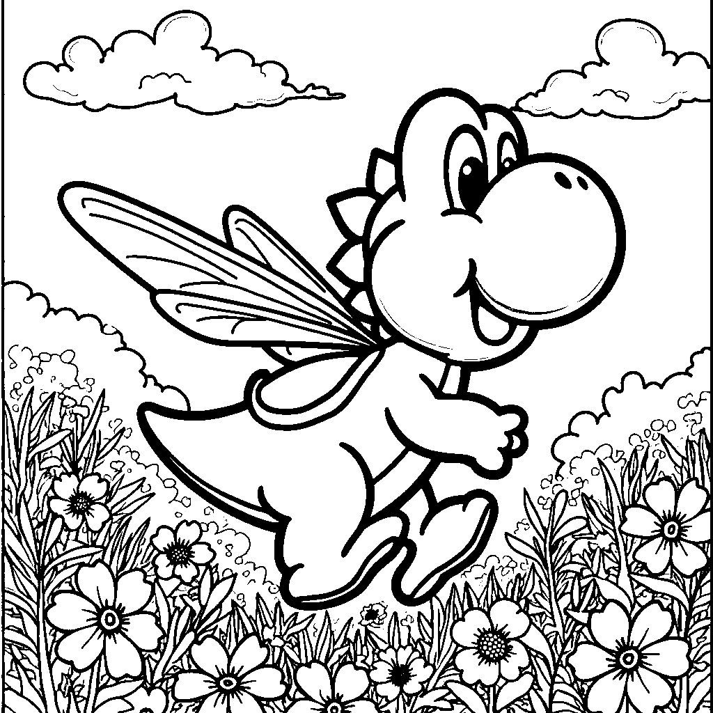 Yoshi riding a dragonfly through a field of wildflowers