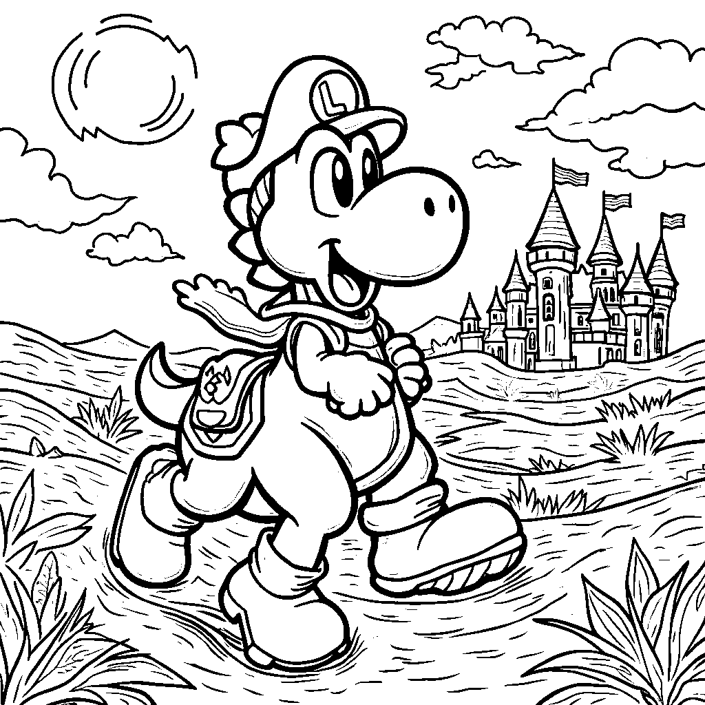 Yoshi riding a horse through a medieval kingdom