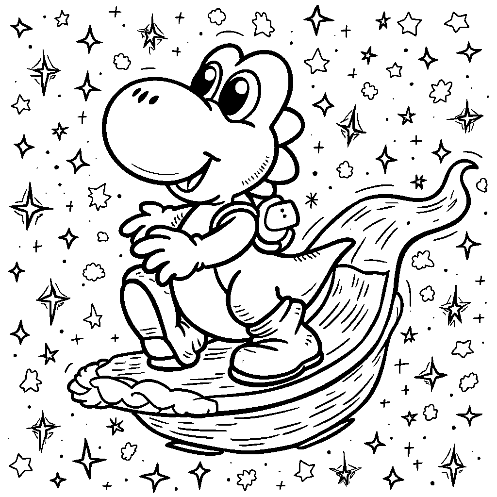 Yoshi riding a magic carpet through a starry night sky