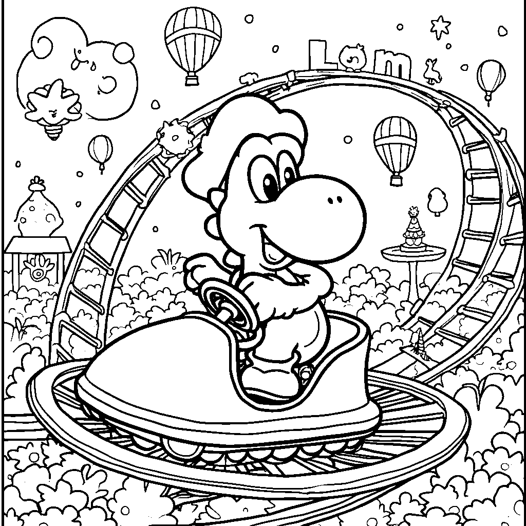 Yoshi riding a rollercoaster through a colorful amusement park