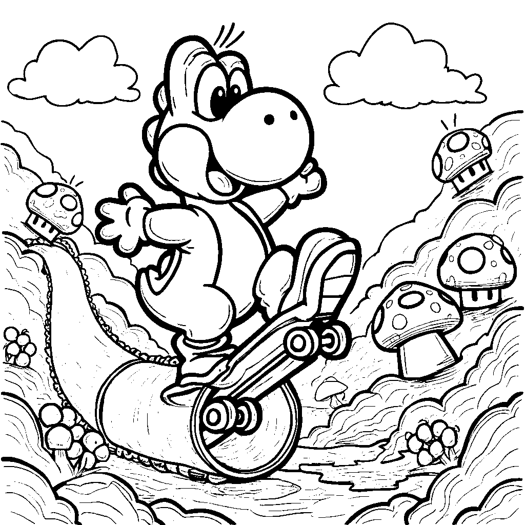 Yoshi riding a skateboard through a pipe in the Mushroom Kingdom