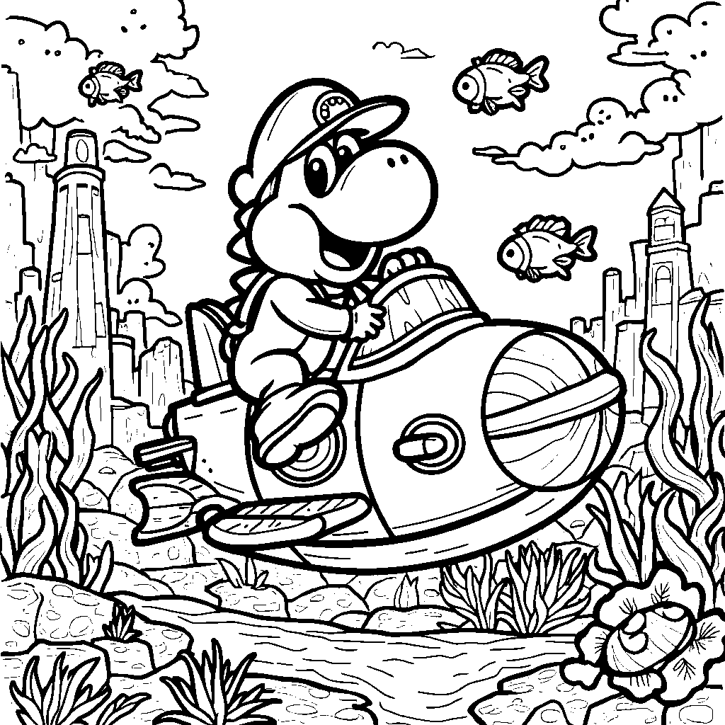 Yoshi riding a submarine through an underwater kingdom