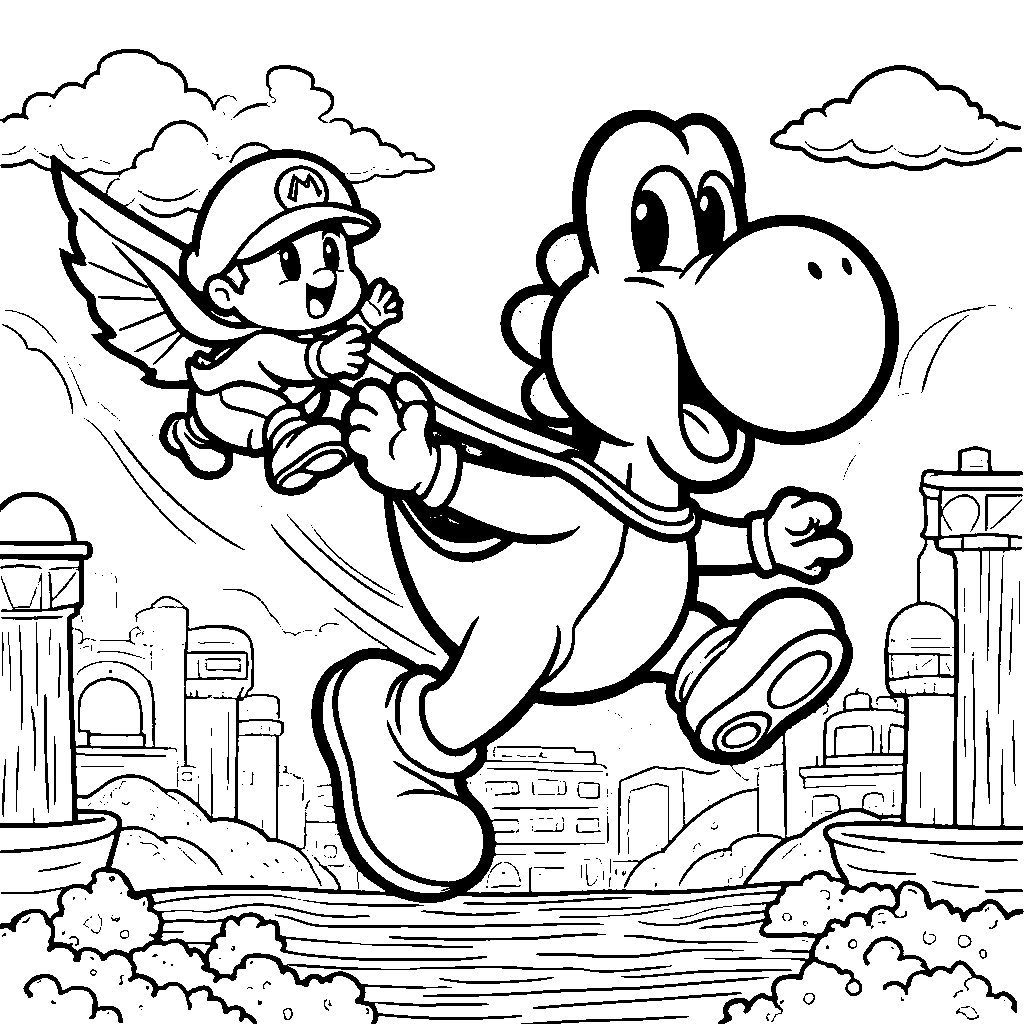 Yoshi wearing a superhero cape and saving Baby Mario from Bowser