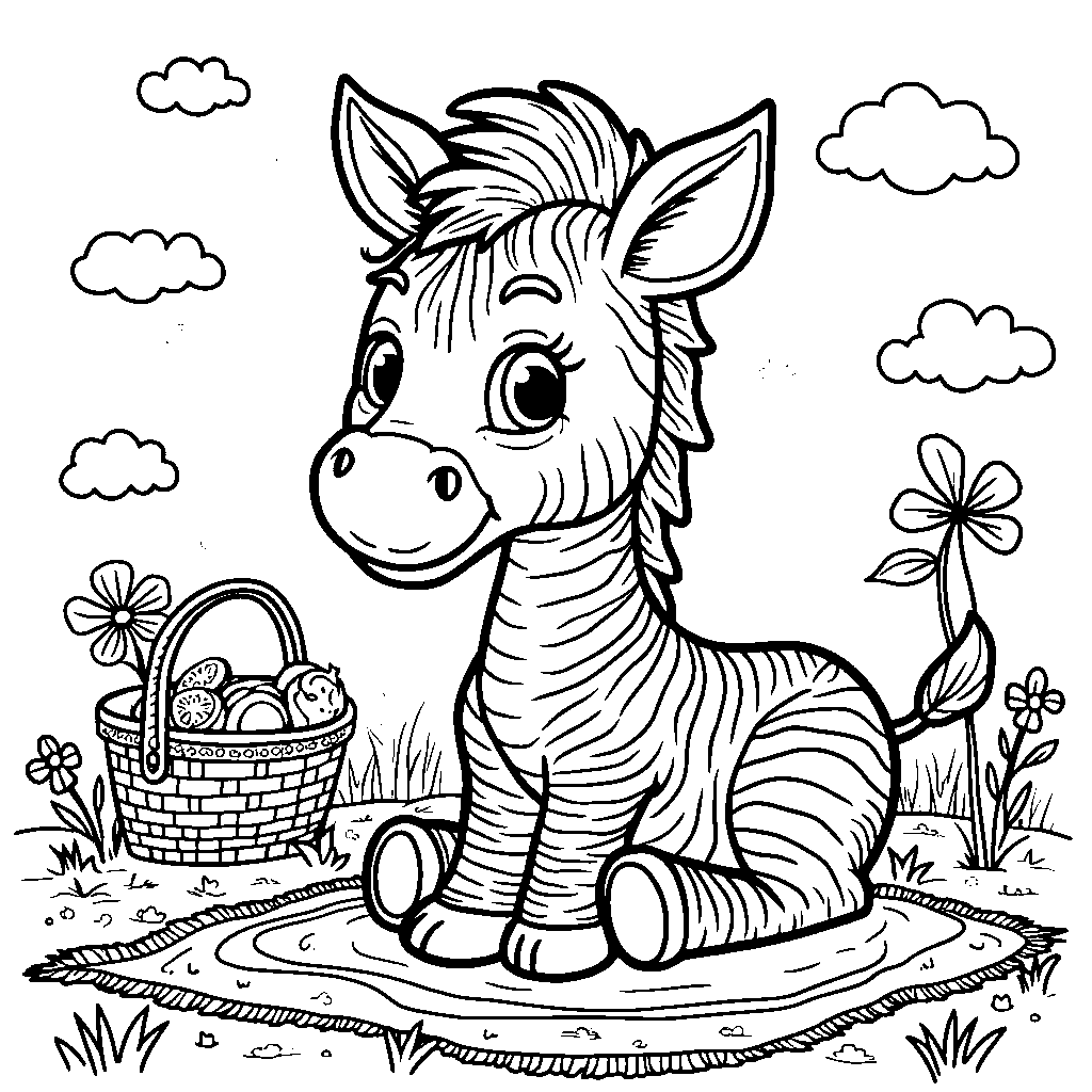 A zebra having a picnic with a basket and blanket