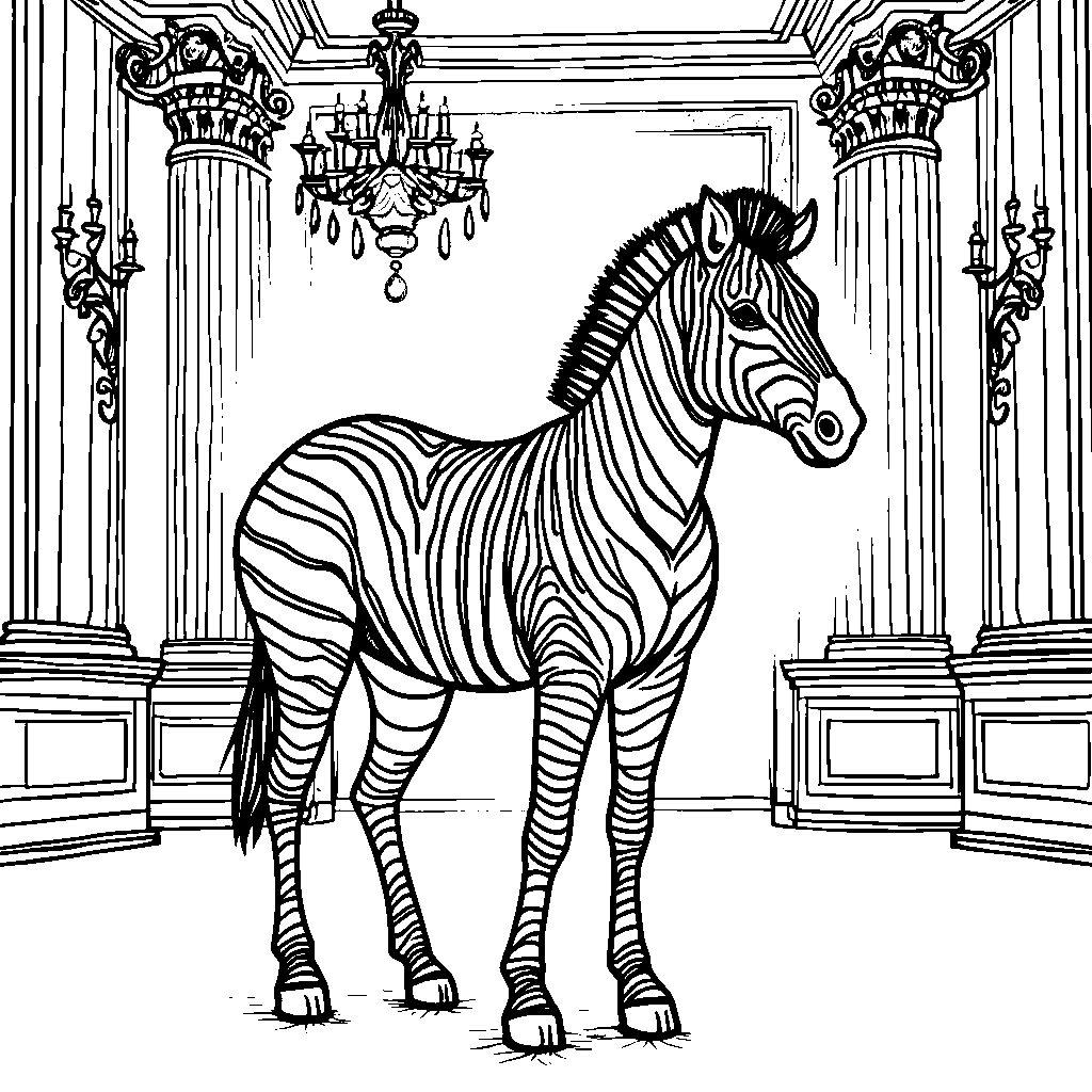 A zebra in a fancy dress at a royal ball