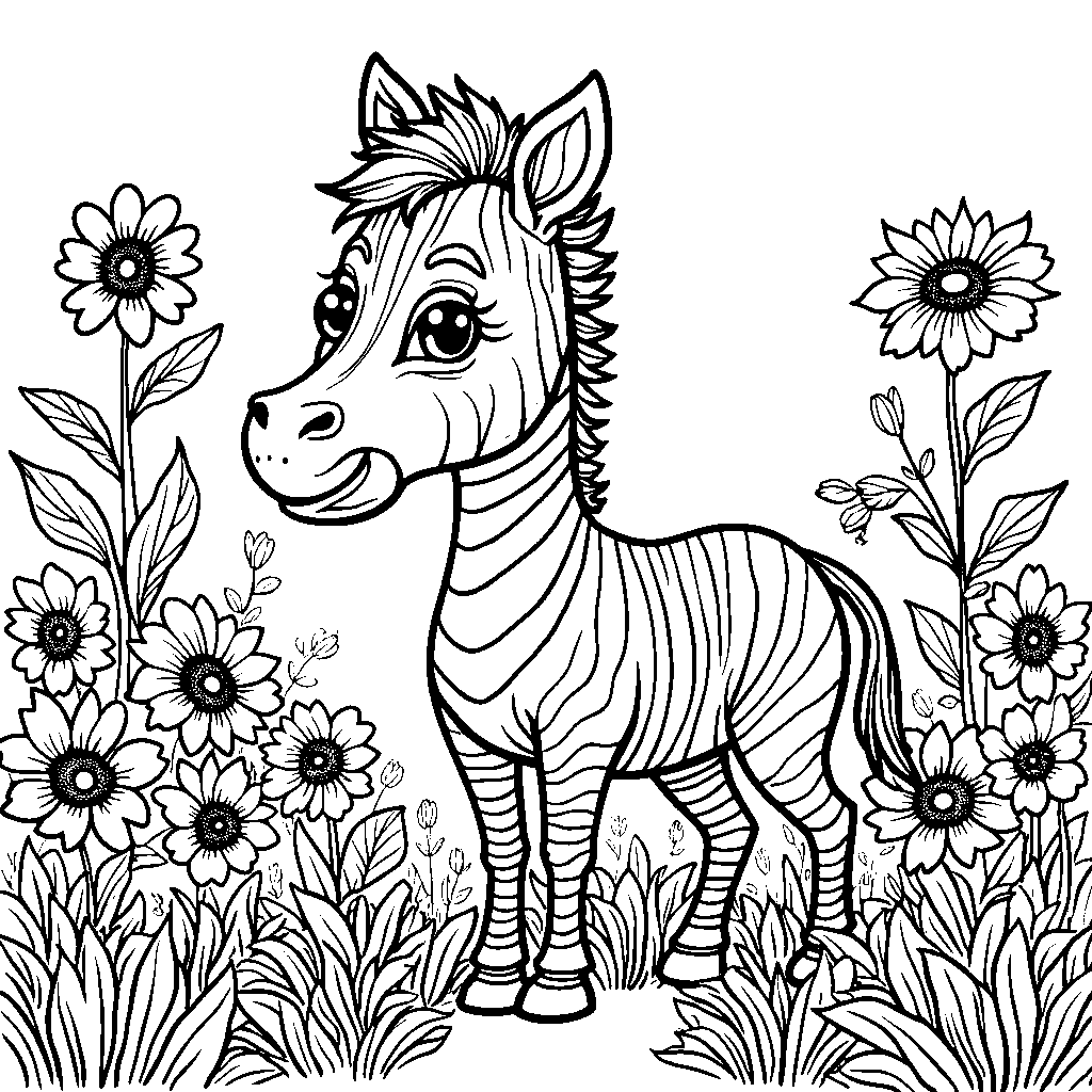 A zebra in a garden surrounded by flowers