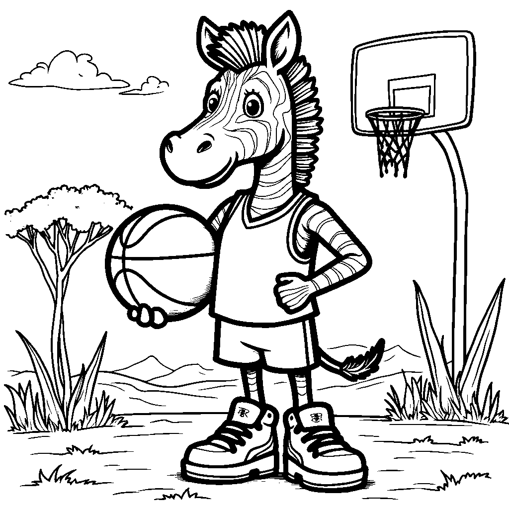 A zebra playing basketball with a hoop and ball