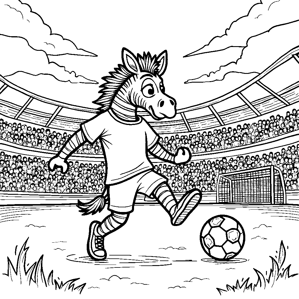 A zebra playing soccer with a ball and goal